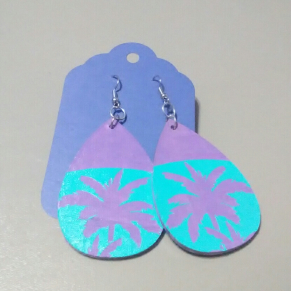 Purple and turquoise palm tree earrings new